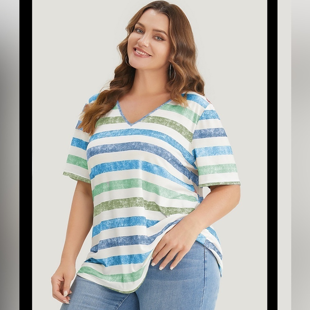BloomChic Plus Size 5XL Striped Multicolor Contrast V Neck us28